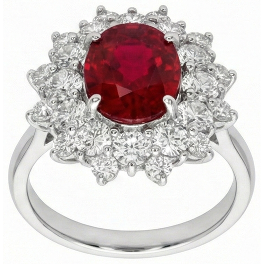 Anello in oro bianco con rubino rosso naturale da 6.50 ct con diamanti