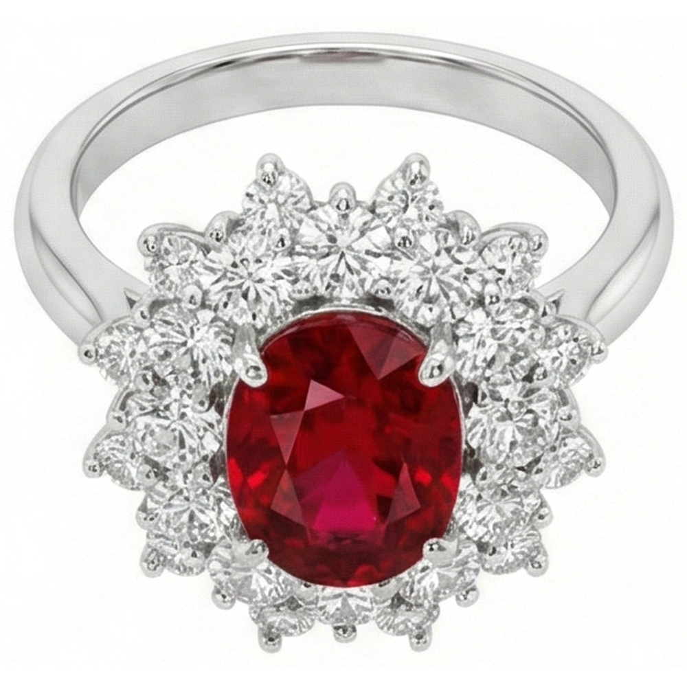 Anello in oro bianco con rubino rosso naturale da 6.50 ct con diamanti