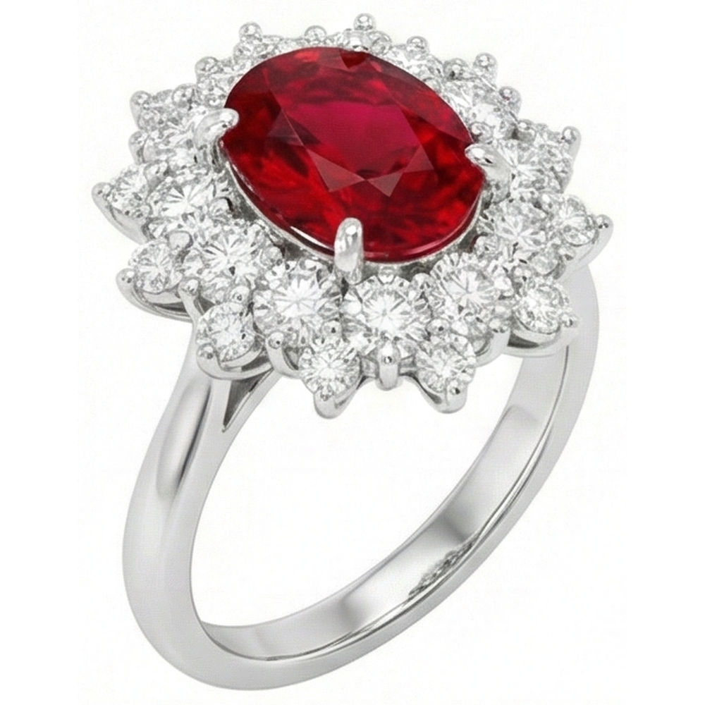 Anello in oro bianco con rubino rosso naturale da 6.50 ct con diamanti