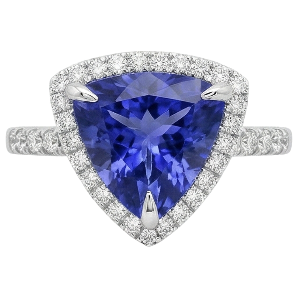 Anello in oro bianco con tanzanite a forma di trilioni di 9 carati con diamanti rotondi