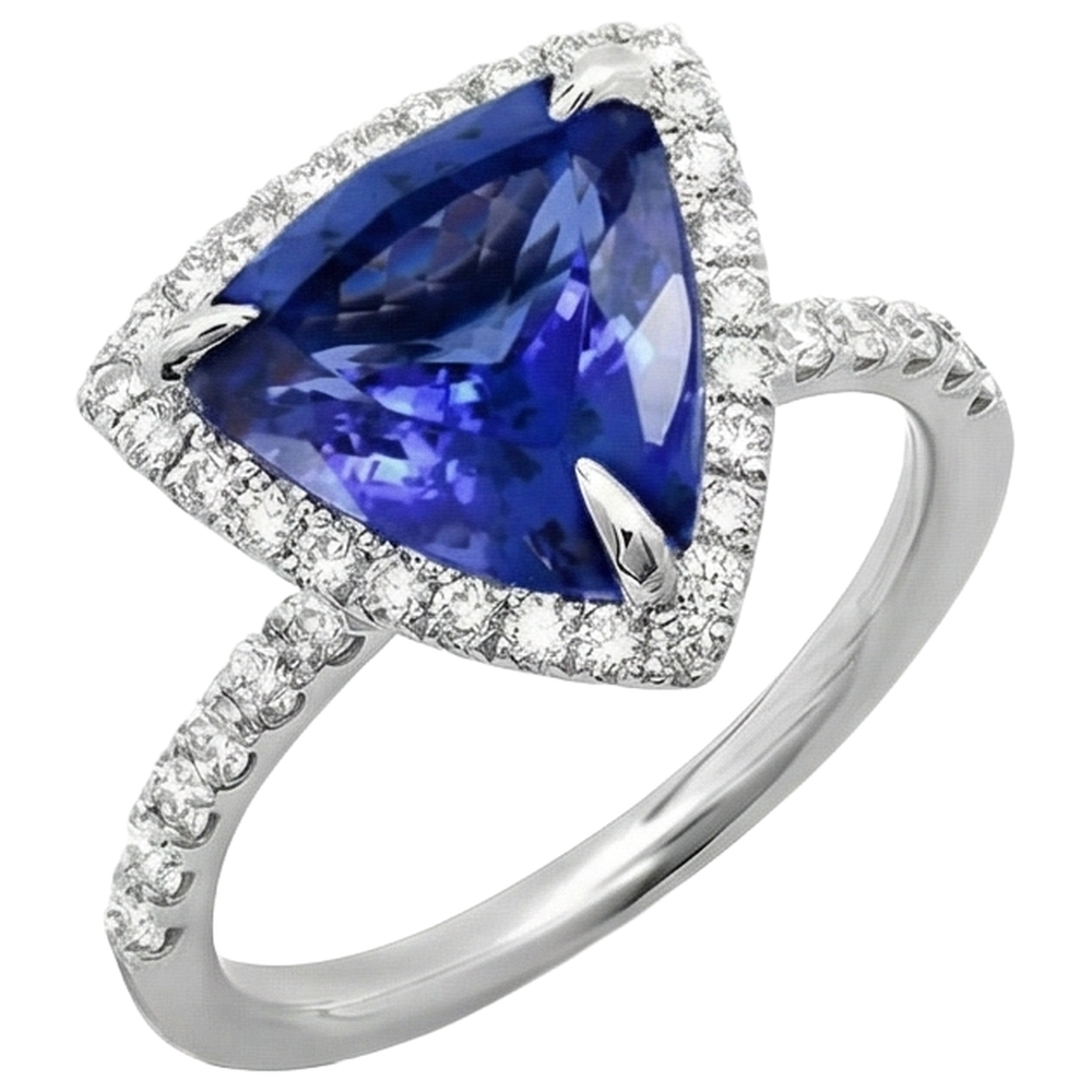 Anello in oro bianco con tanzanite a forma di trilioni di 9 carati con diamanti rotondi
