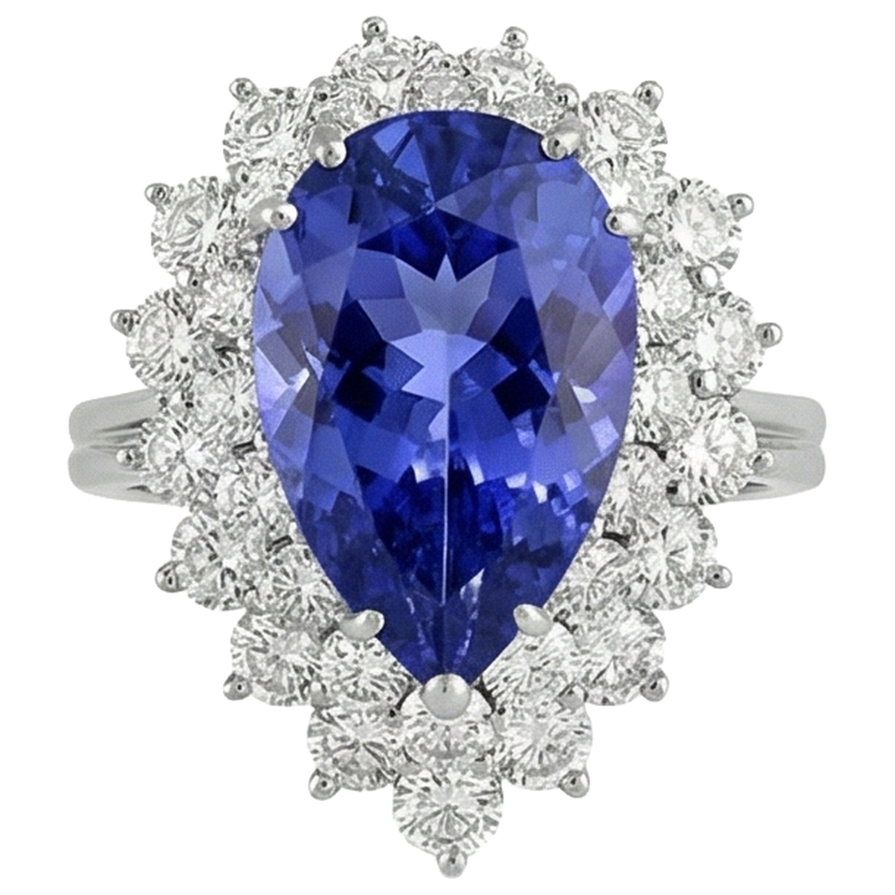 Anello in oro bianco con tanzanite a pera da 5.75 ct con diamanti