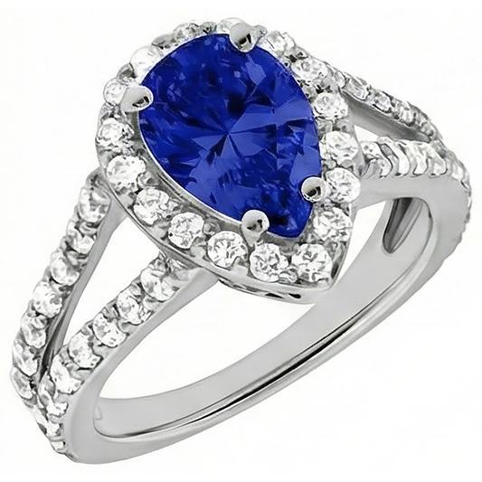 Anello in oro bianco con tanzanite taglio pera blu da 1.85 ct con diamanti