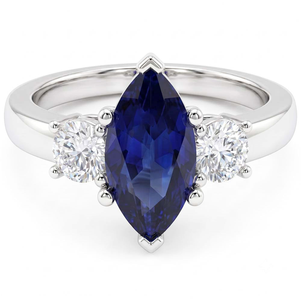 Anello in oro bianco con zaffiri e diamanti a taglio rotondo e marquise da 2.50 ct