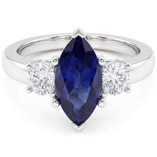 Anello in oro bianco con zaffiri e diamanti a taglio rotondo e marquise da 2.50 ct