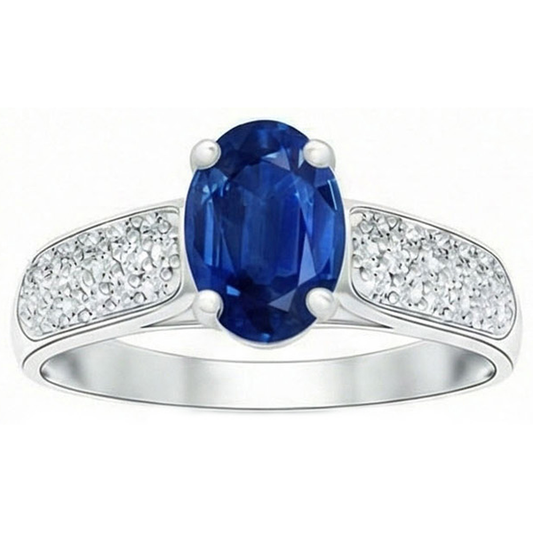 Anello in oro bianco con zaffiro blu dello Sri Lanka e diamanti rotondi 4.40 carati