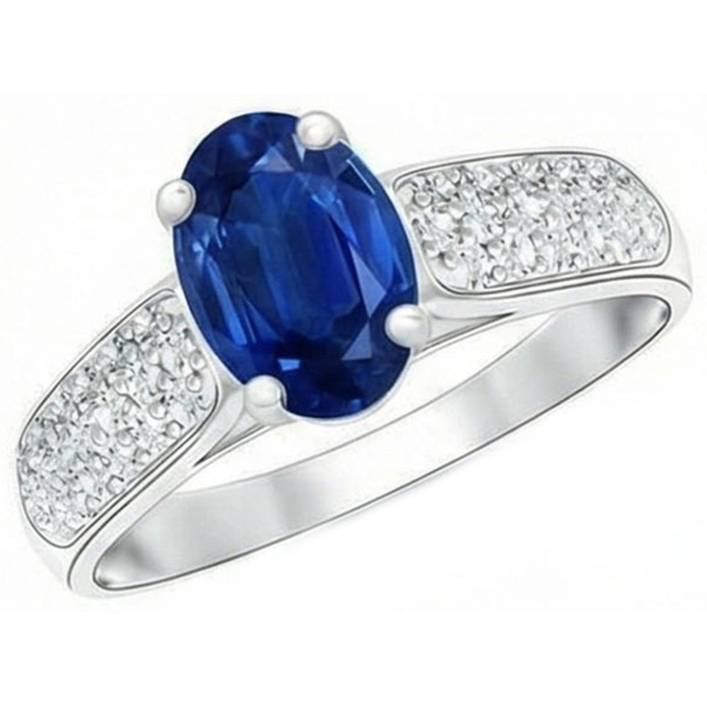 Anello in oro bianco con zaffiro blu dello Sri Lanka e diamanti rotondi 4.40 carati
