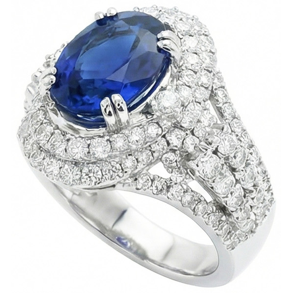 Anello in oro bianco con zaffiro dello Sri Lanka di 5 carati ovale di Ceylon con diamanti 14K