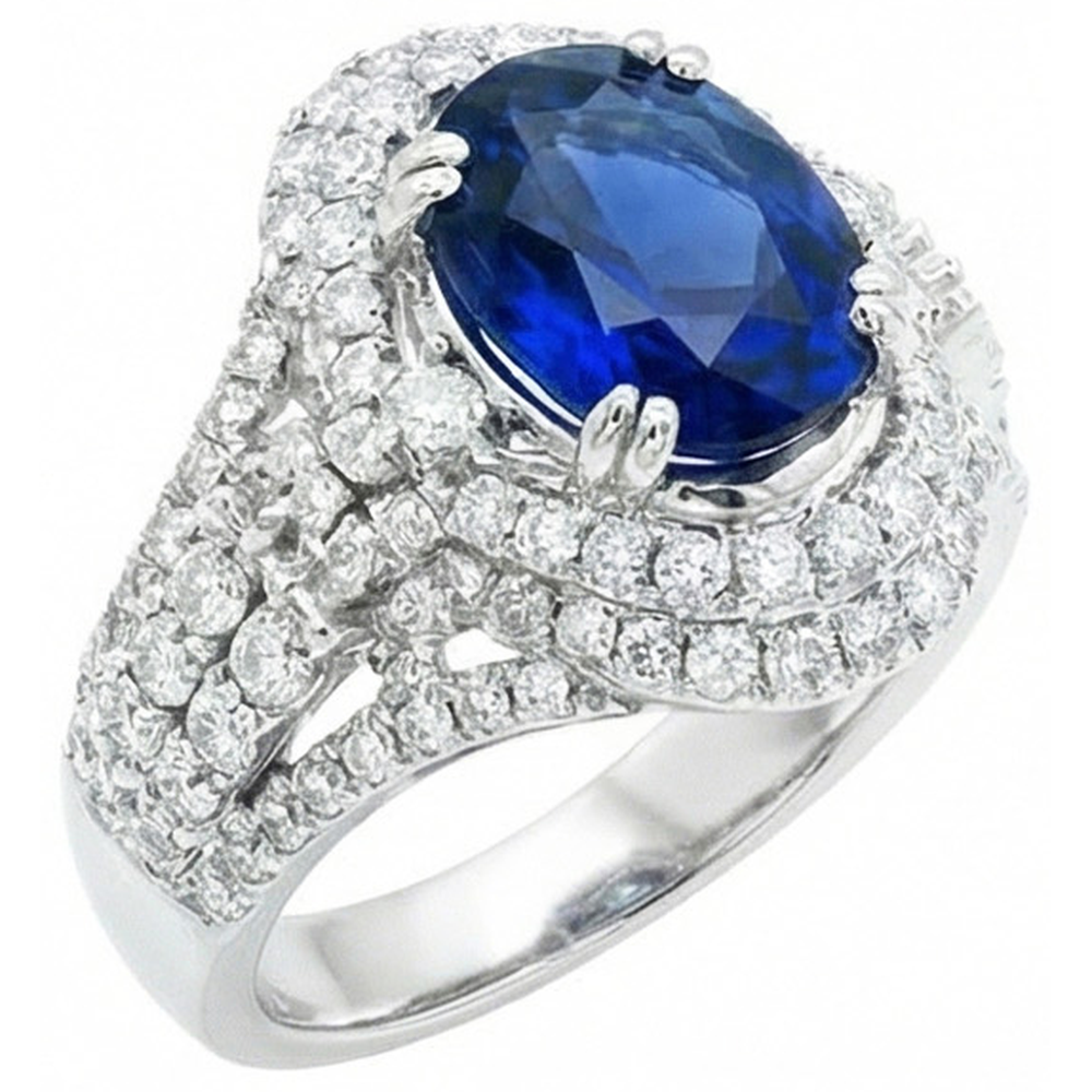Anello in oro bianco con zaffiro dello Sri Lanka di 5 carati ovale di Ceylon con diamanti 14K