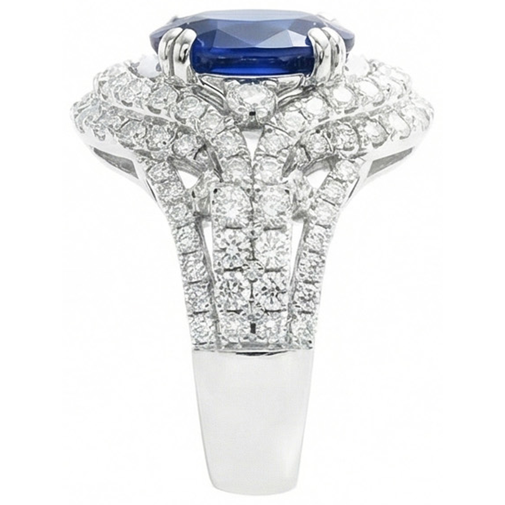 Anello in oro bianco con zaffiro dello Sri Lanka di 5 carati ovale di Ceylon con diamanti 14K