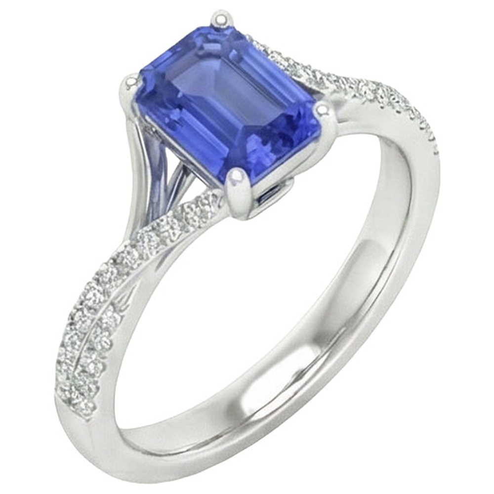 Anello in oro bianco con zaffiro dello Sri Lanka taglio smeraldo e diamante 5.25 carati
