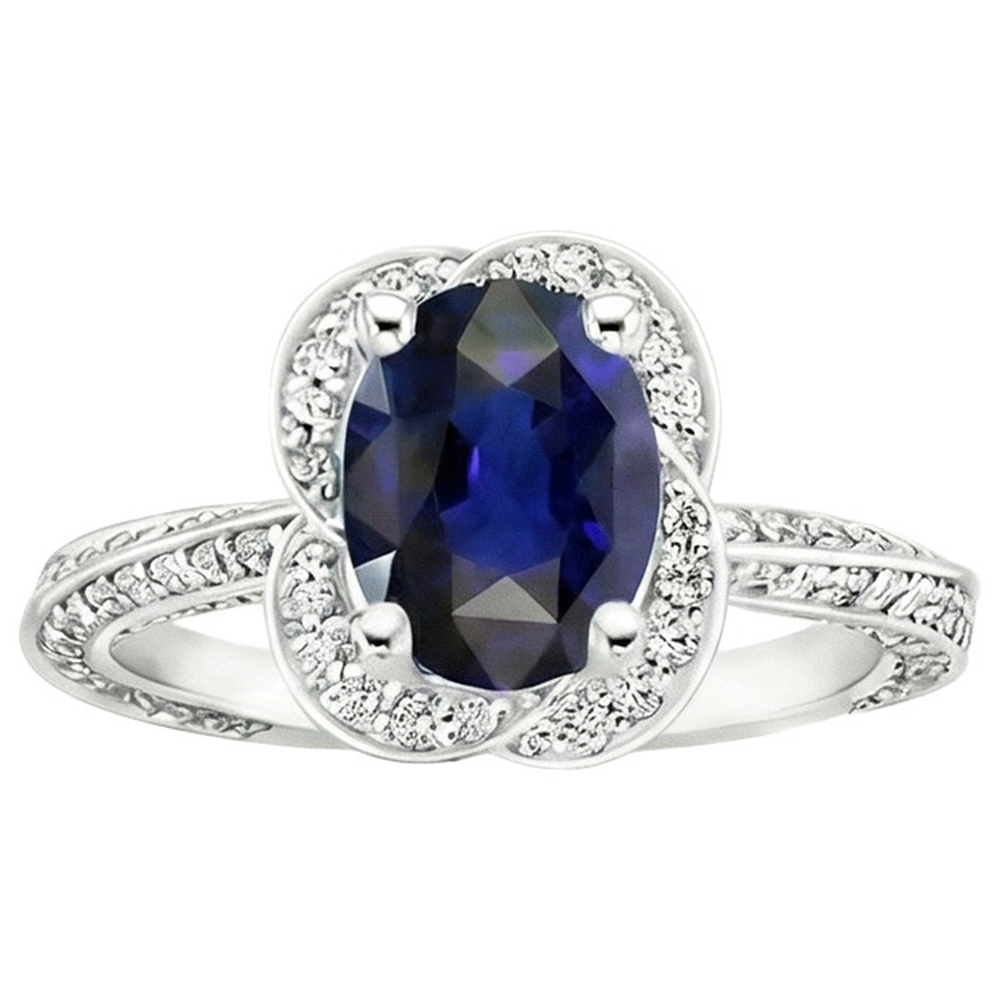 Anello in oro bianco con zaffiro di Ceylon e diamanti rotondi 6 carati