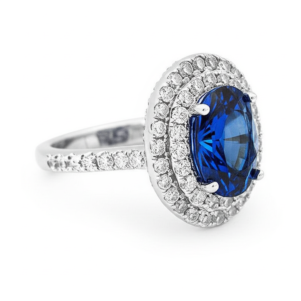 Anello in oro bianco con zaffiro di Ceylon ovale da 3.40 ct con diamanti rotondi