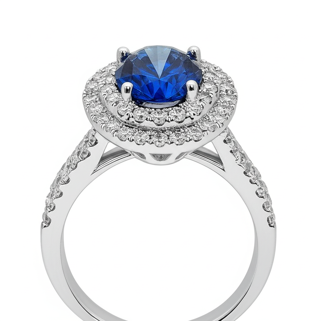 Anello in oro bianco con zaffiro di Ceylon ovale da 3.40 ct con diamanti rotondi