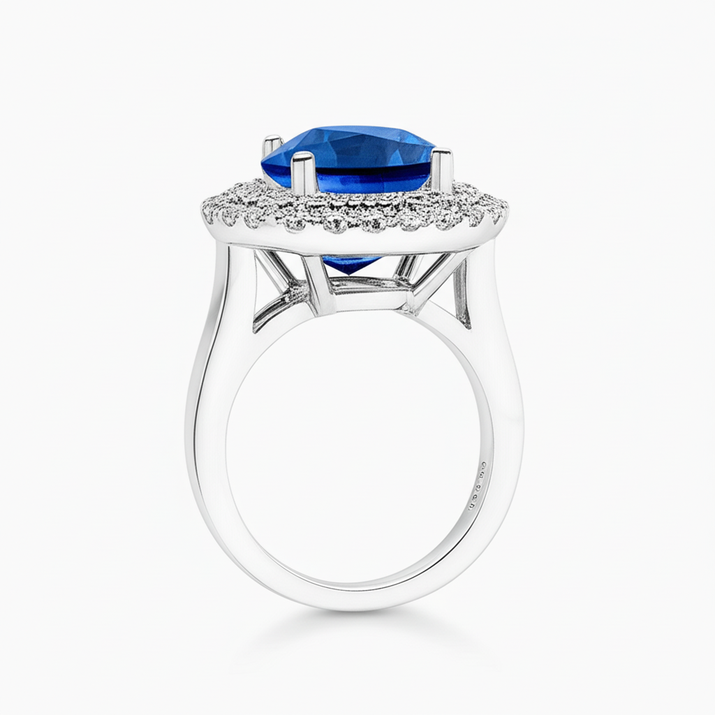 Anello in oro bianco con zaffiro di Ceylon ovale da 3.40 ct con diamanti rotondi