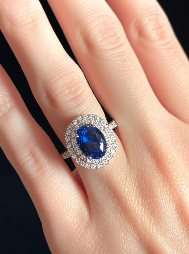 Anello in oro bianco con zaffiro di Ceylon ovale da 3.40 ct con diamanti rotondi