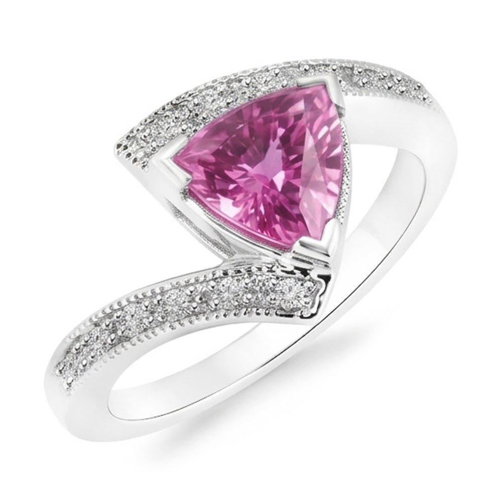 Anello in oro bianco con zaffiro rosa taglio trilioni di diamanti. gioielli in oro bianco da 1.25 ct