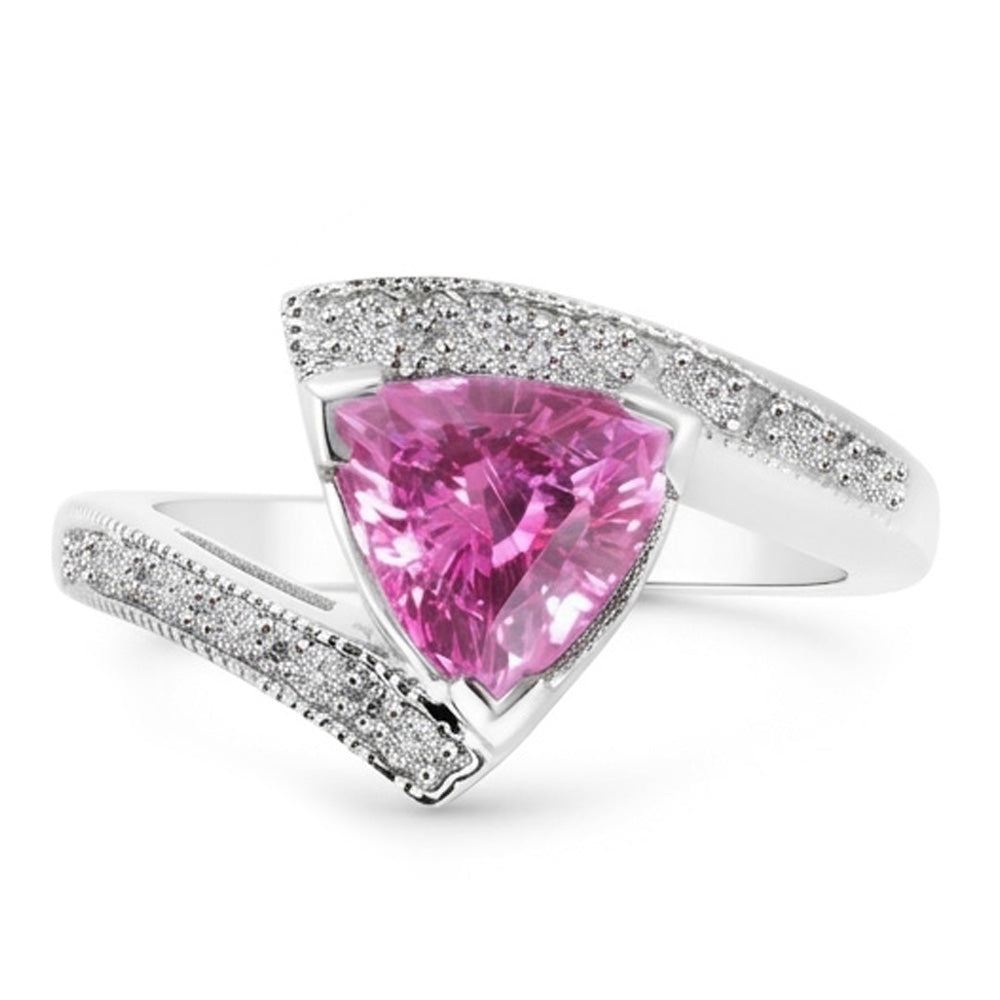 Anello in oro bianco con zaffiro rosa taglio trilioni di diamanti. gioielli in oro bianco da 1.25 ct