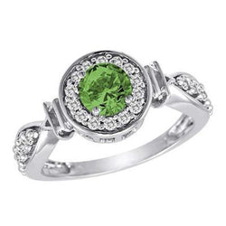 Anello in oro bianco con zaffiro verde rotondo e diamanti, gioielli in oro bianco da 1,35 ct.