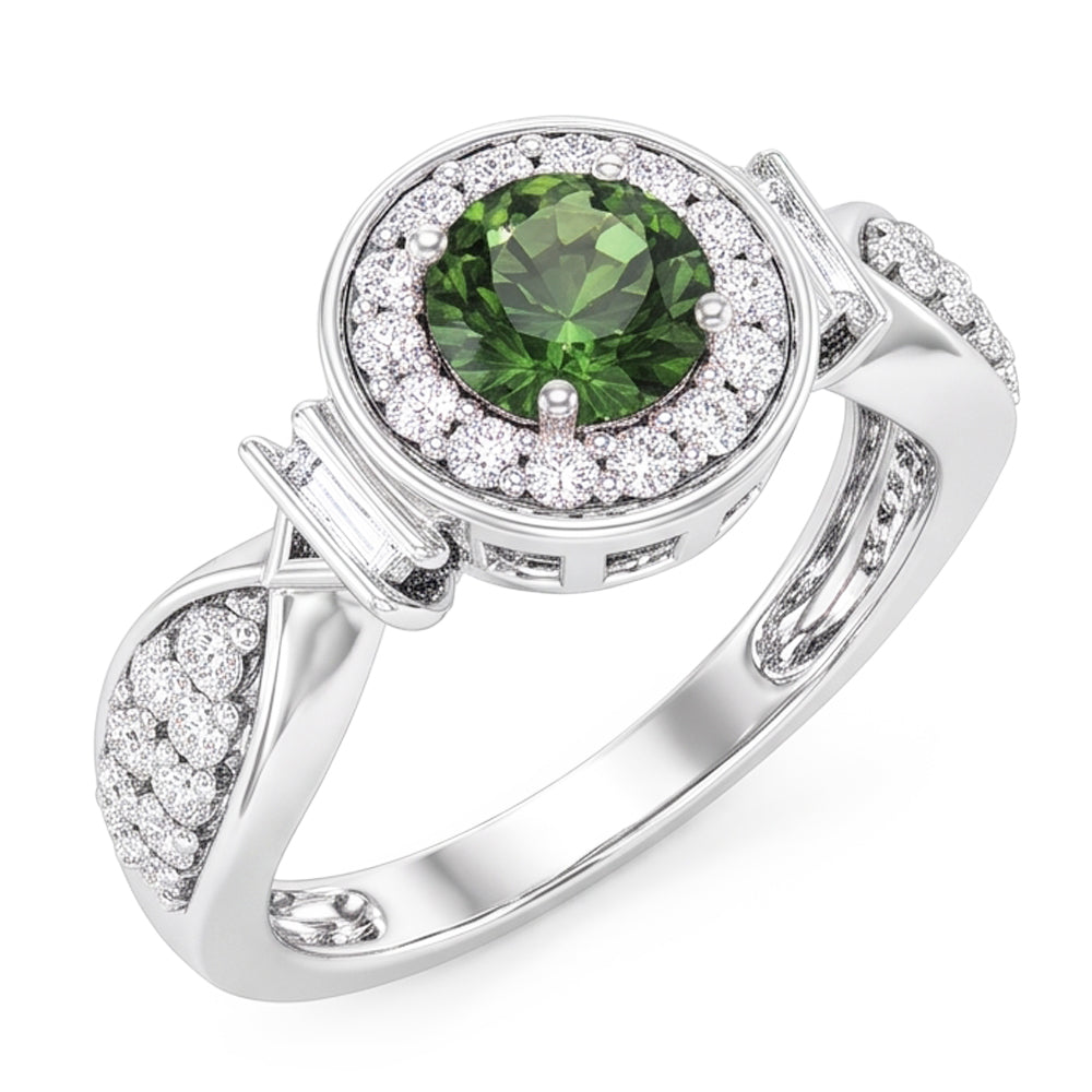 Anello in oro bianco con zaffiro verde rotondo e diamanti, gioielli in oro bianco da 1,35 ct.