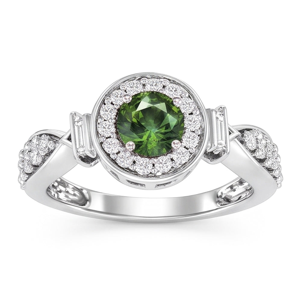 Anello in oro bianco con zaffiro verde rotondo e diamanti, gioielli in oro bianco da 1,35 ct.
