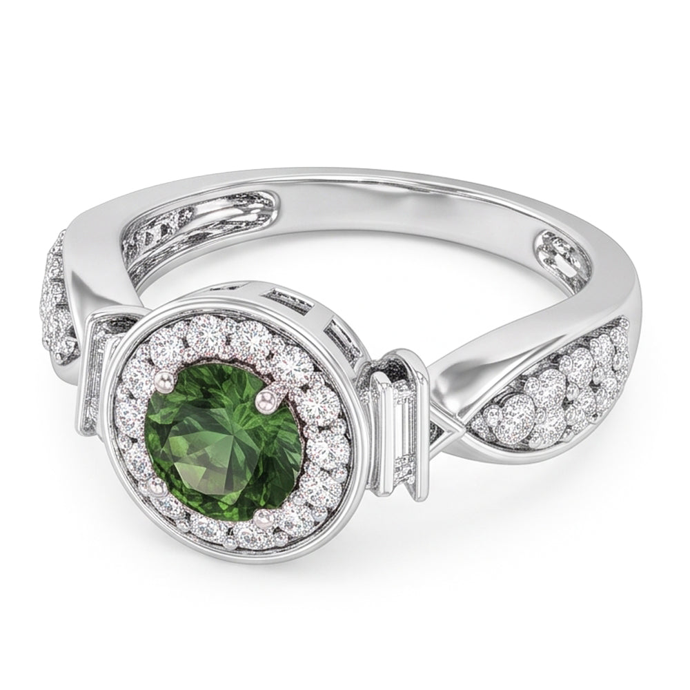 Anello in oro bianco con zaffiro verde rotondo e diamanti, gioielli in oro bianco da 1,35 ct.