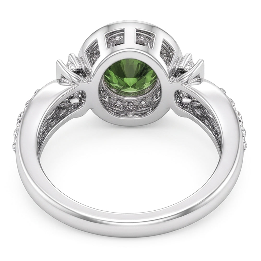 Anello in oro bianco con zaffiro verde rotondo e diamanti, gioielli in oro bianco da 1,35 ct.