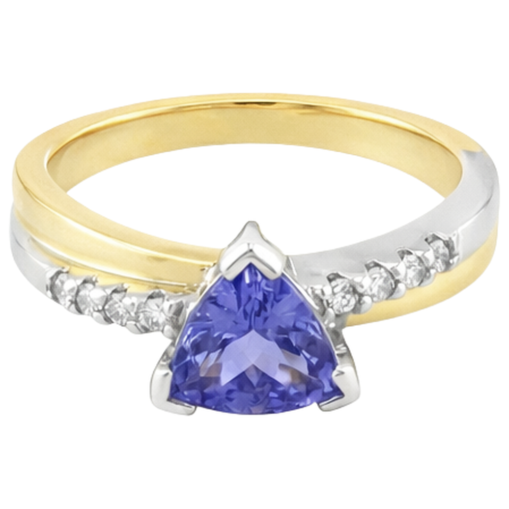 Anello in oro bicolore Trilioni di tanzanite AAA e diamanti rotondi 2.60 carati