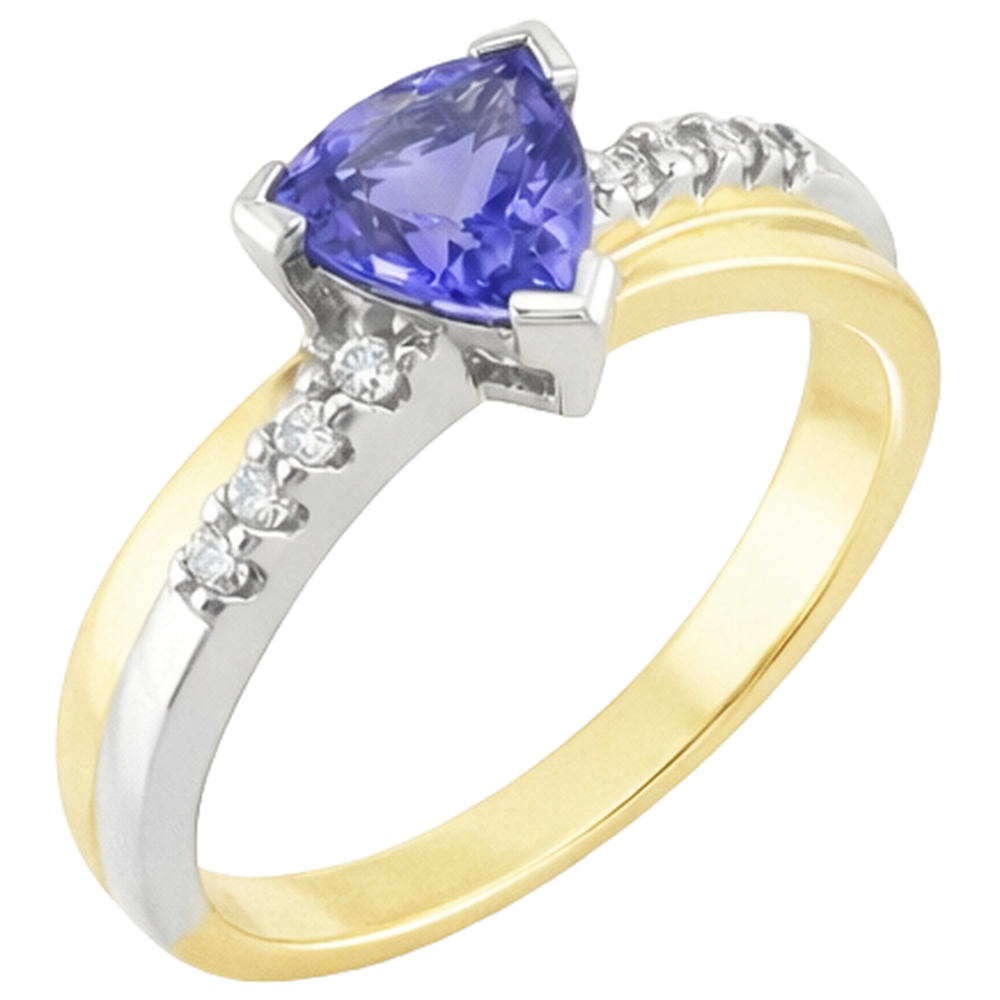 Anello in oro bicolore Trilioni di tanzanite AAA e diamanti rotondi 2.60 carati