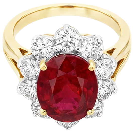 Anello in oro bicolore con rubini a taglio brillante da 3.50 ct e diamanti