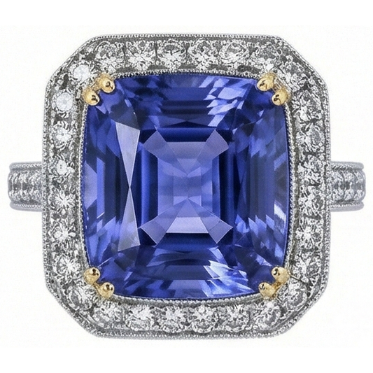 Anello in oro bicolore con tanzanite e diamanti. 4.25 carati. stile vintage