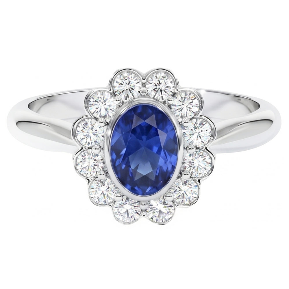 Anello in oro con castone Halo ovale con zaffiro di Ceylon e diamante 9.70 carati