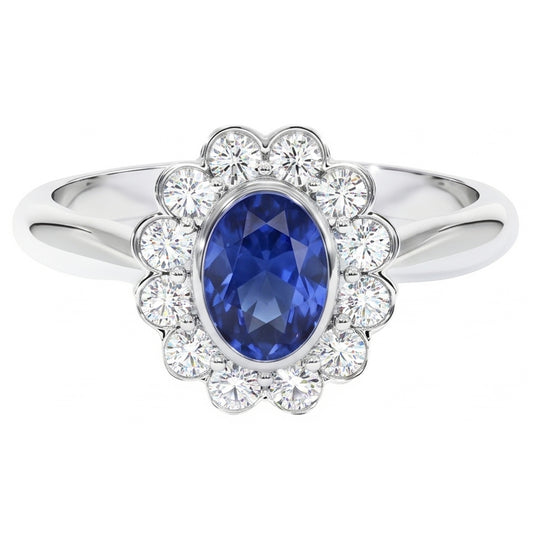 Anello in oro con castone Halo ovale con zaffiro di Ceylon e diamante 9.70 carati