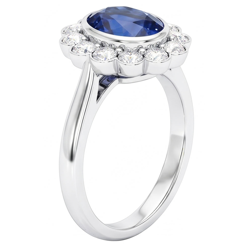 Anello in oro con castone Halo ovale con zaffiro di Ceylon e diamante 9.70 carati