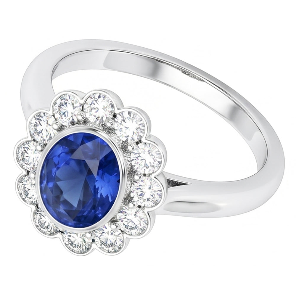 Anello in oro con castone Halo ovale con zaffiro di Ceylon e diamante 9.70 carati