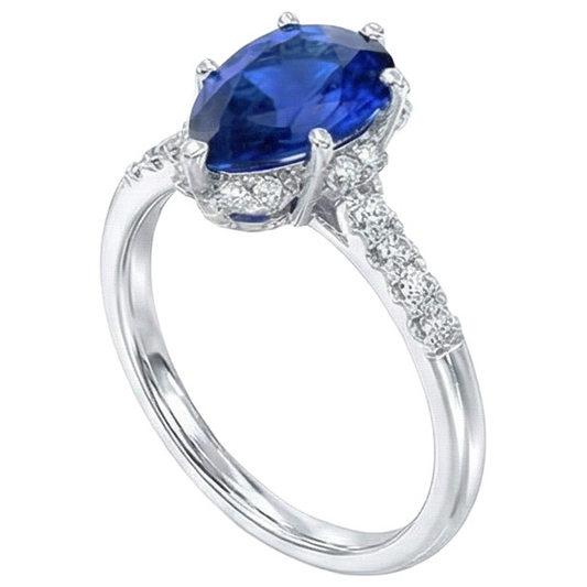 Anello in oro con diamanti. pera. zaffiro blu. pietra preziosa. 3.50 carati