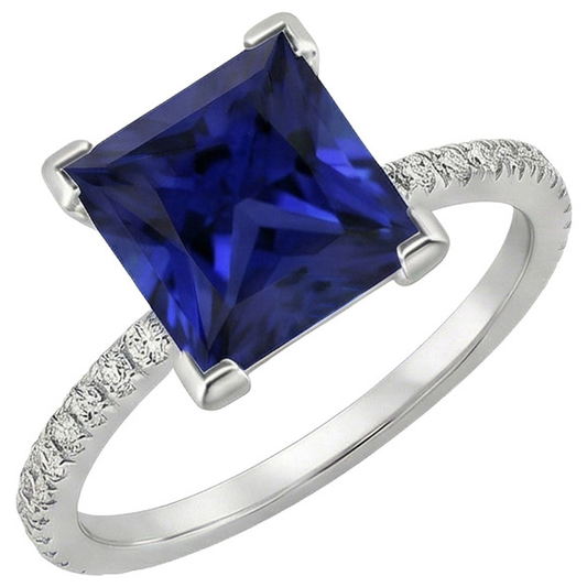 Anello in oro con diamanti taglio princess zaffiro blu con accenti 5.50 carati