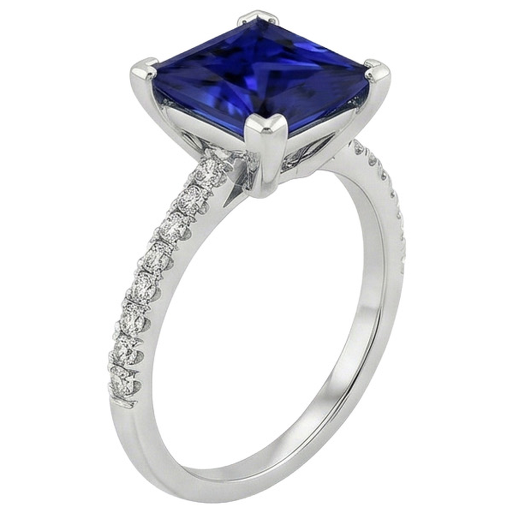 Anello in oro con diamanti taglio princess zaffiro blu con accenti 5.50 carati