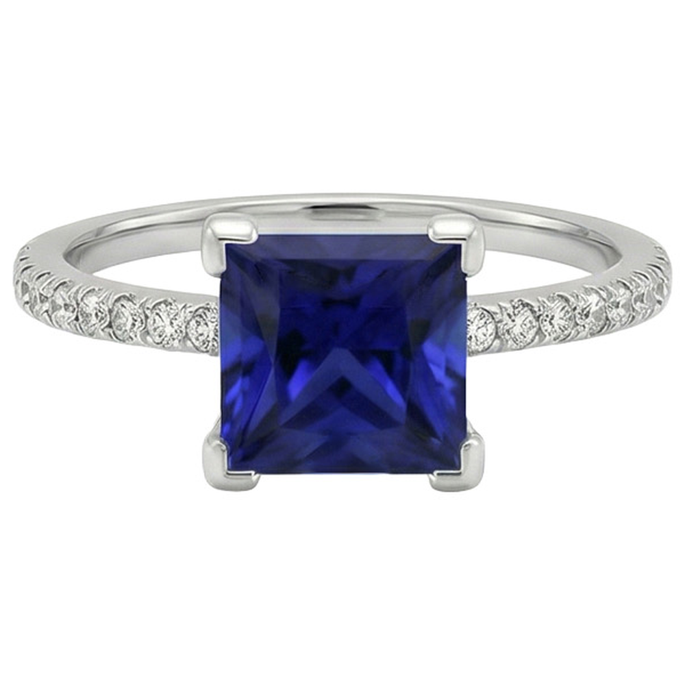 Anello in oro con diamanti taglio princess zaffiro blu con accenti 5.50 carati