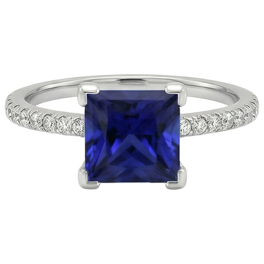 Anello in oro con diamanti taglio princess zaffiro blu con accenti 5.50 carati