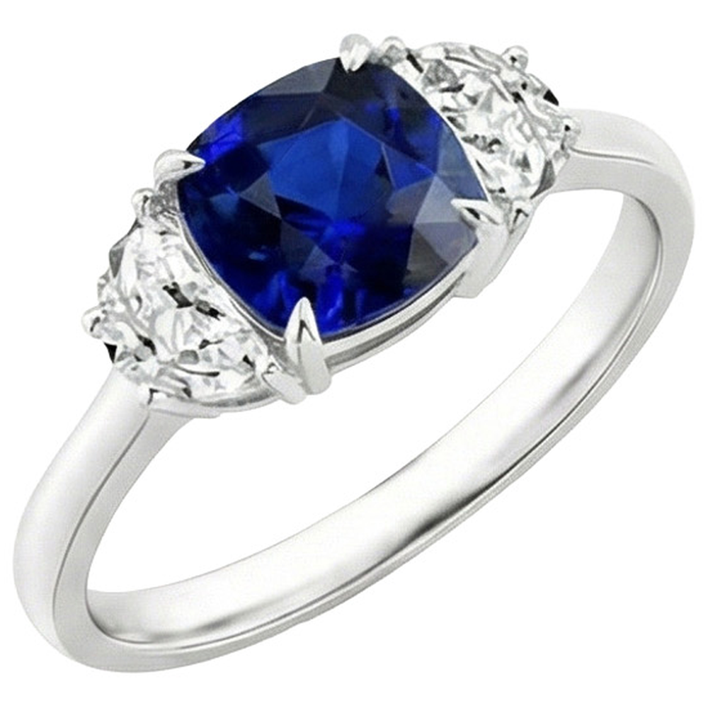 Anello in oro con mezza luna e cuscino con zaffiro di Ceylon 3 pietre 3 carati