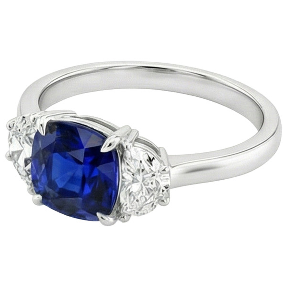 Anello in oro con mezza luna e cuscino con zaffiro di Ceylon 3 pietre 3 carati