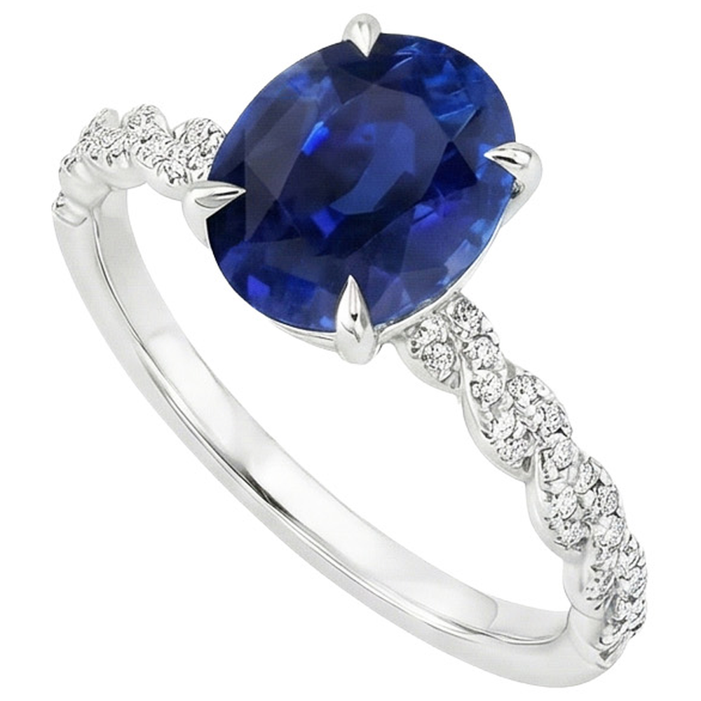 Anello in oro con pietre preziose. zaffiro blu ovale e pavé di diamanti 3.50 carati