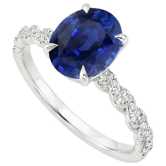 Anello in oro con pietre preziose. zaffiro blu ovale e pavé di diamanti 3.50 carati