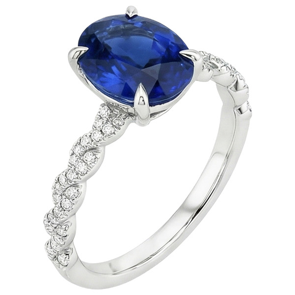 Anello in oro con pietre preziose. zaffiro blu ovale e pavé di diamanti 3.50 carati