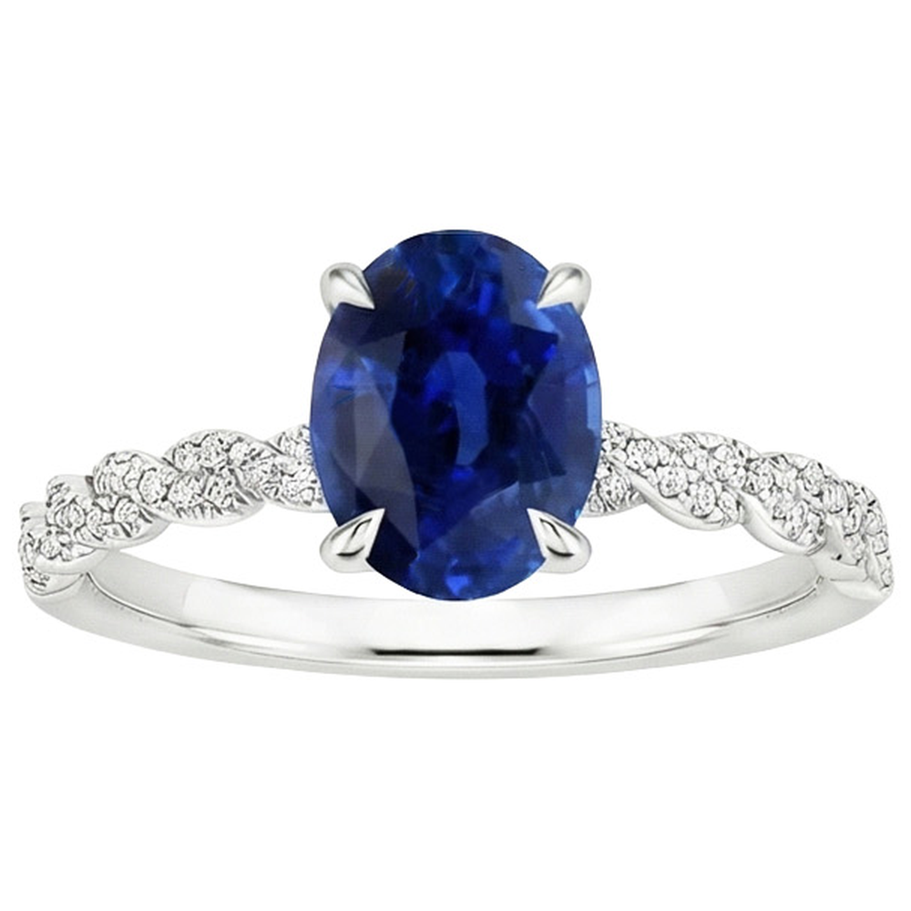 Anello in oro con pietre preziose. zaffiro blu ovale e pavé di diamanti 3.50 carati