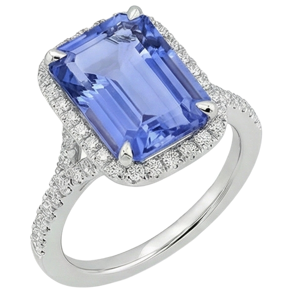 Anello in oro con tanzanite a forma di smeraldo da 8.75 ct con diamanti rotondi