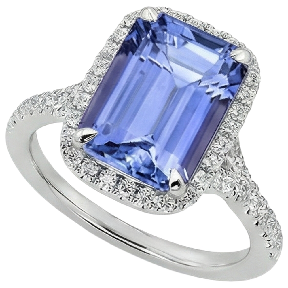 Anello in oro con tanzanite a forma di smeraldo da 8.75 ct con diamanti rotondi