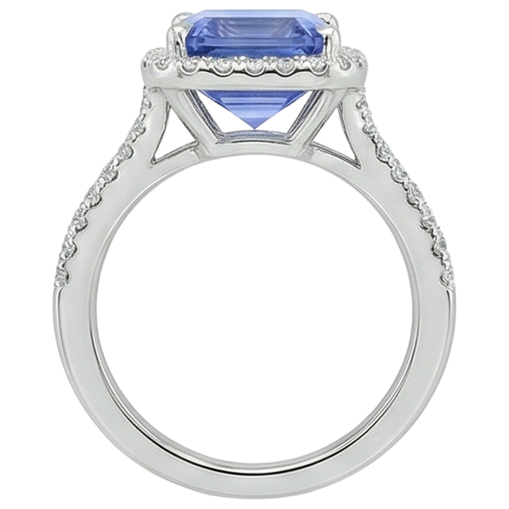 Anello in oro con tanzanite a forma di smeraldo da 8.75 ct con diamanti rotondi