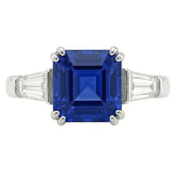 Anello in oro con tre pietre di zaffiro Asscher 2.50 carati di diamanti baguette